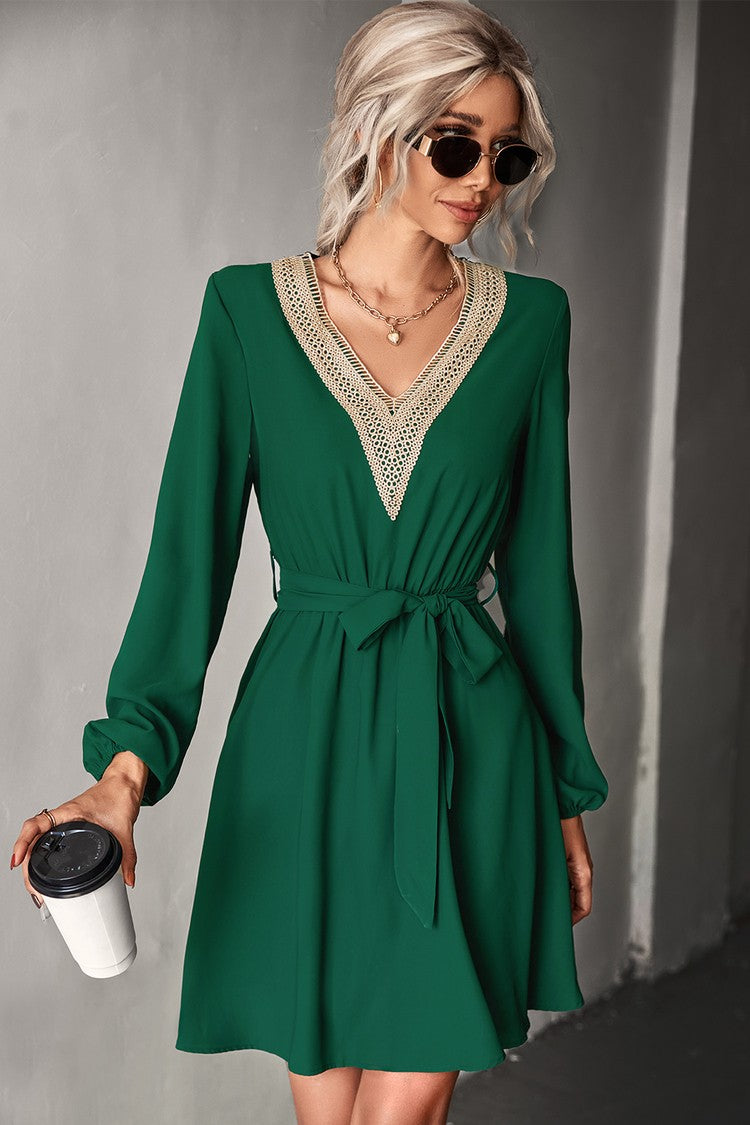 Women's Long Sleeve V-Neck Green Mini Dress