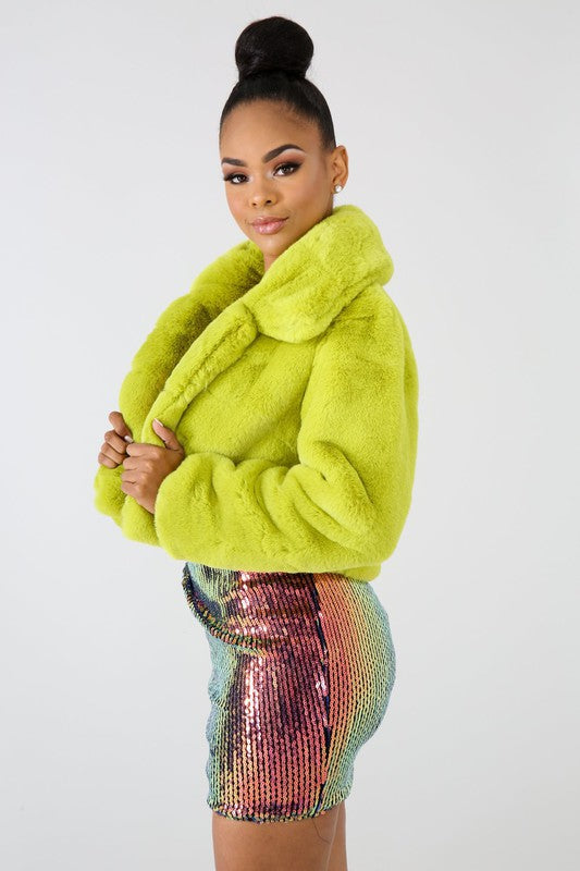 Faux Fur Open Front Lime Teddy Bolero Cropped Jacket