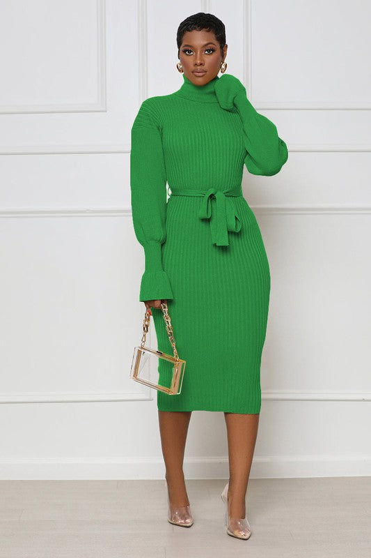 Turtleneck Midi Bodycon Rib Knit Dress