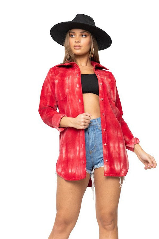 Red Ombre Tie Dye Print Soft Corduroy Collared Shirt GJG Denim