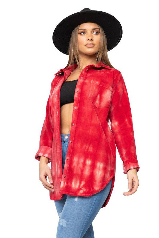 Red Ombre Tie Dye Print Soft Corduroy Collared Shirt GJG Denim