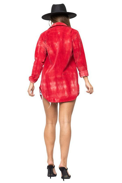 Red Ombre Tie Dye Print Soft Corduroy Collared Shirt GJG Denim