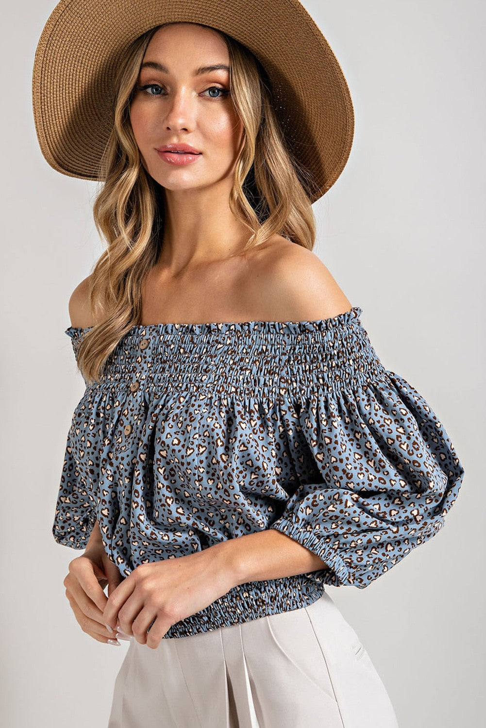 Animal Print Smocked Off the Shoulder Top eesome