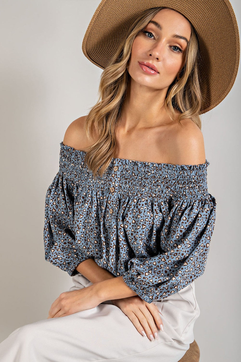 Animal Print Smocked Off the Shoulder Top eesome