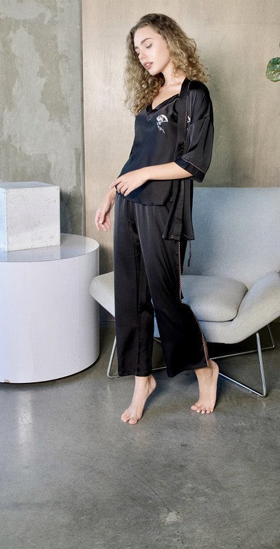 Black 3 Piece Kimono Silky Pajama Set with Gold Delicate Embroidery Trim Hope Horizon
