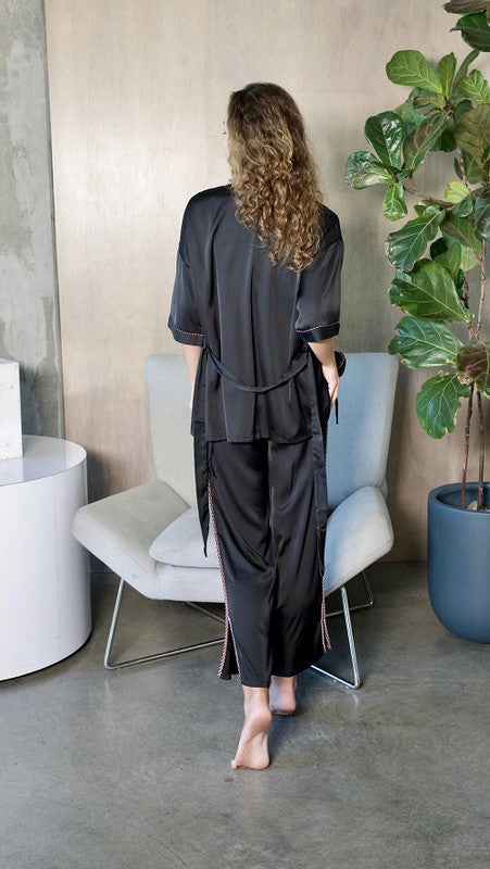 Black 3 Piece Kimono Silky Pajama Set with Gold Delicate Embroidery Trim Hope Horizon