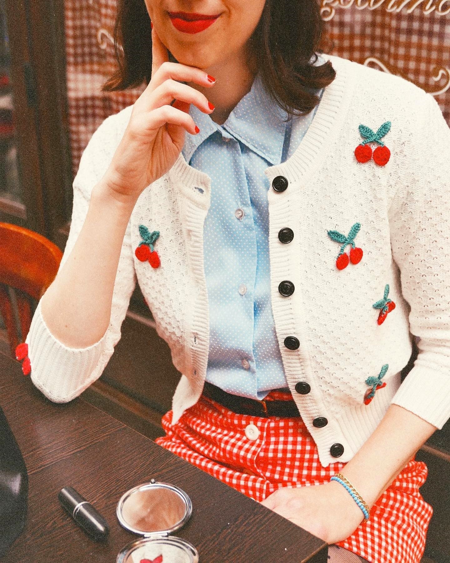 Cherry Crochet Pom Pom Cropped Cardigan Sweater Mak