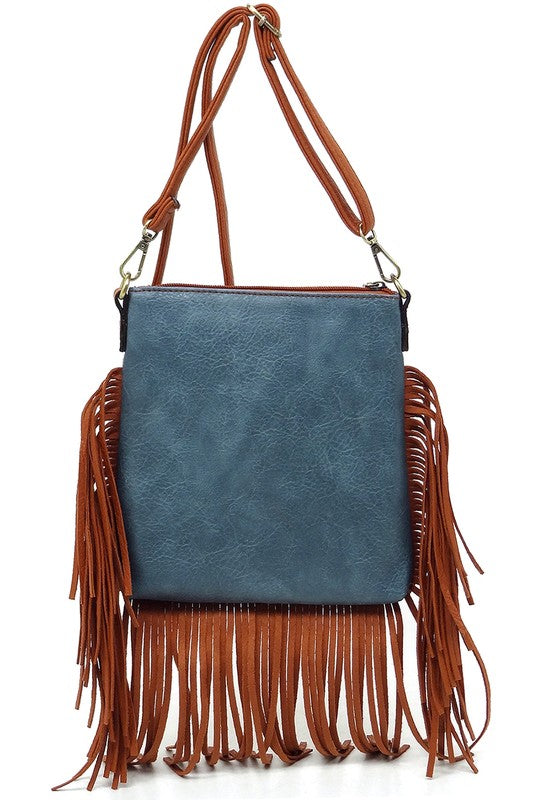 Western Fringe Faux Vegan Leather Crossbody Bag Fashion World