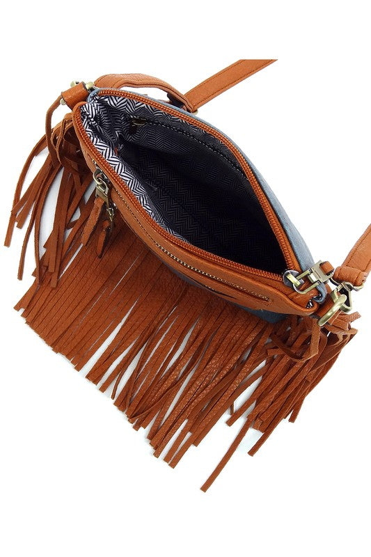 Western Fringe Faux Vegan Leather Crossbody Bag Fashion World