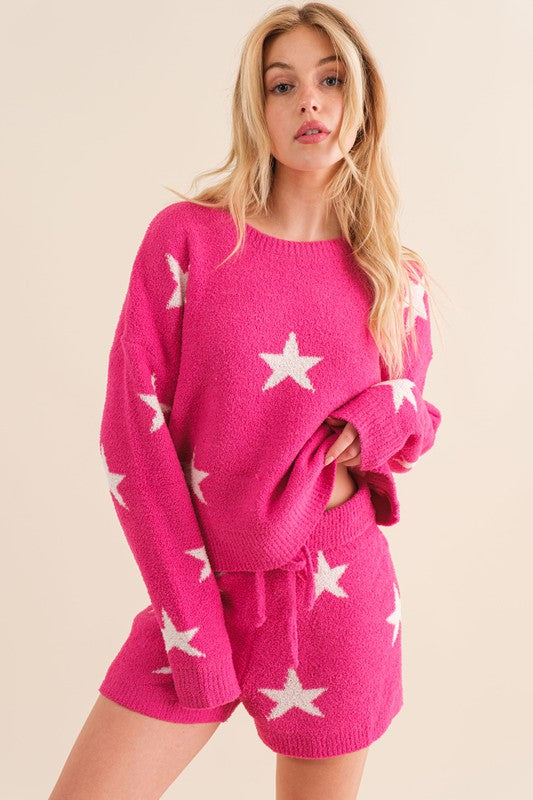 Soft Long Sleeve Star Print Top and Short Casual Knit Set