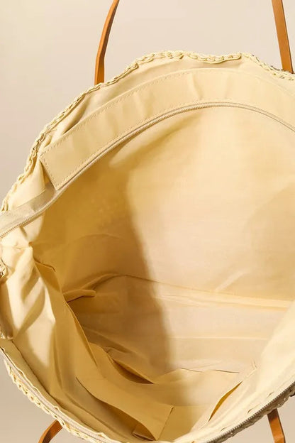 Fame Large Straw Braided Beach Tote Bag Trendsi