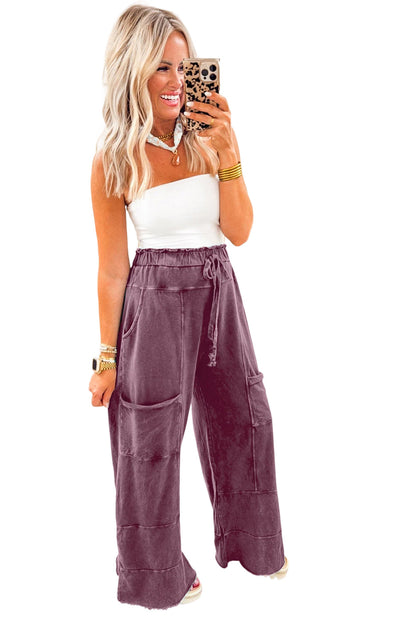 Mineral Wash Knot High Waist Raw Hem Pants  DAME BOHEME