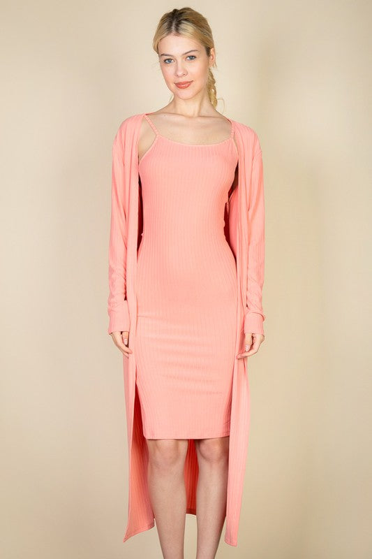 Ribbed Cardigan & Cami Midi Bodycon Dress Set Capella
