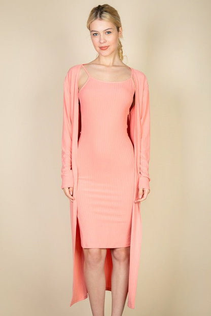 Ribbed Cardigan & Cami Midi Bodycon Dress Set Capella