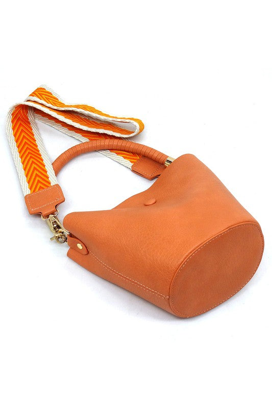 Fashion Bucket Faux Vegan Leather Crossbody Bag with Guitar Strap Fashion World