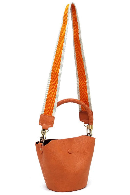Fashion Bucket Faux Vegan Leather Crossbody Bag with Guitar Strap Fashion World