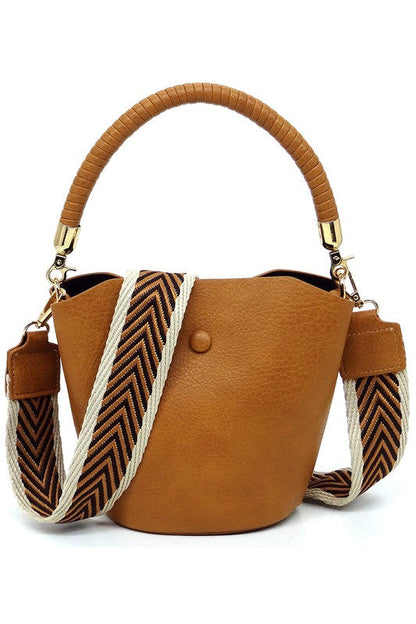 Fashion Bucket Faux Vegan Leather Crossbody Bag with Guitar Strap Fashion World