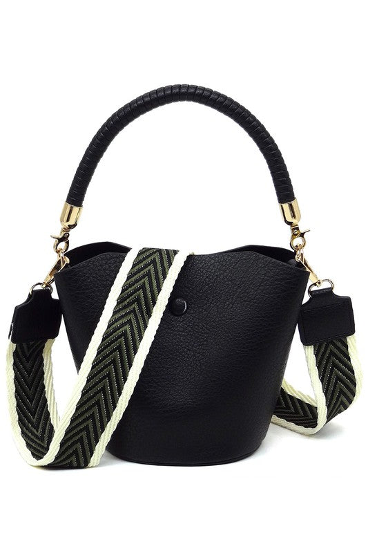Fashion Bucket Faux Vegan Leather Crossbody Bag with Guitar Strap Fashion World