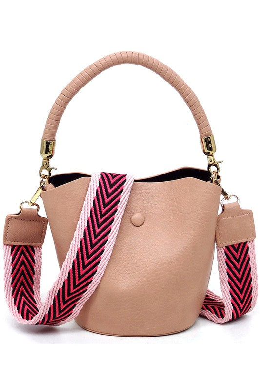 Fashion Bucket Faux Vegan Leather Crossbody Bag with Guitar Strap Fashion World