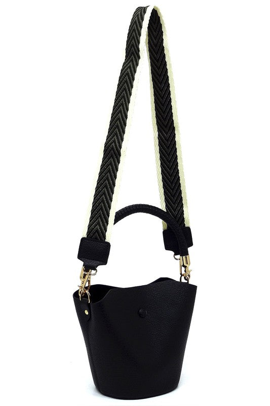 Fashion Bucket Faux Vegan Leather Crossbody Bag with Guitar Strap Fashion World