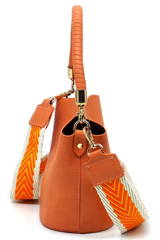 Fashion Bucket Faux Vegan Leather Crossbody Bag with Guitar Strap Fashion World