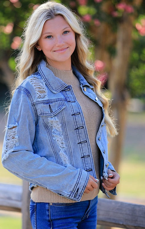 Cropped Distressed Denim Jacket  DAME BOHEME