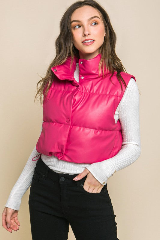 PU Faux Leather Puffer Vest with Snap Buttons