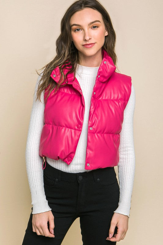 PU Faux Leather Puffer Vest with Snap Buttons