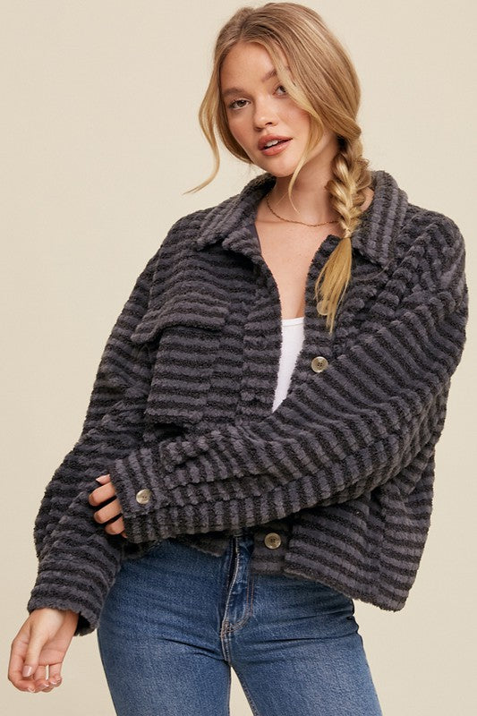 Collared Button-Down Striped Oversized Cropped Flared Fleece Shacket