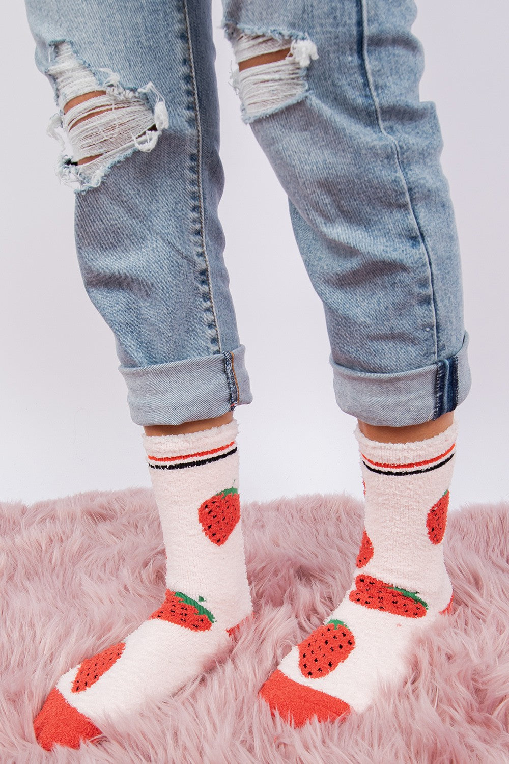 Knee-High Strawberry Women's Fuzzy Crew Socks