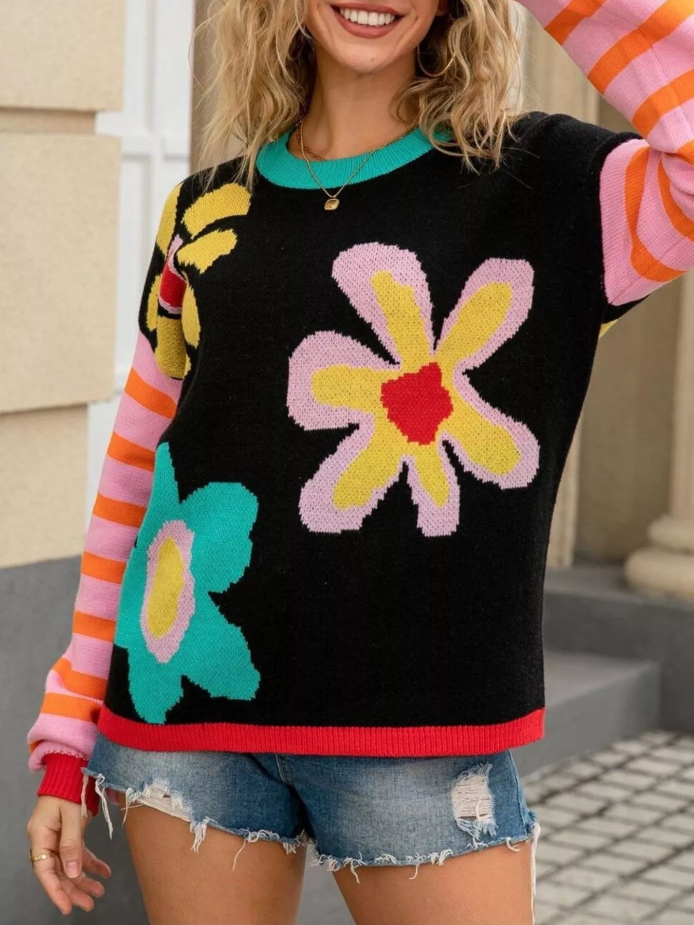 Retro Floral Striped Sleeves Crew Neck Sweater  DAME BOHEME