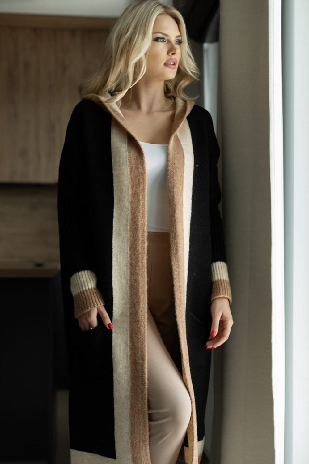 Contrast Dropped Shoulders Long Sleeve Hooded Cardigan