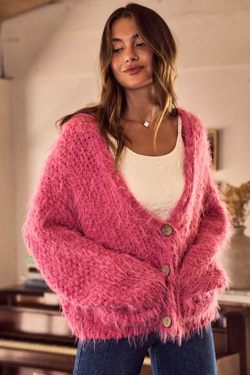 SO ME Soft Touch Hairy Loose Fit Cozy Sweater Cardigan  DAME BOHEME