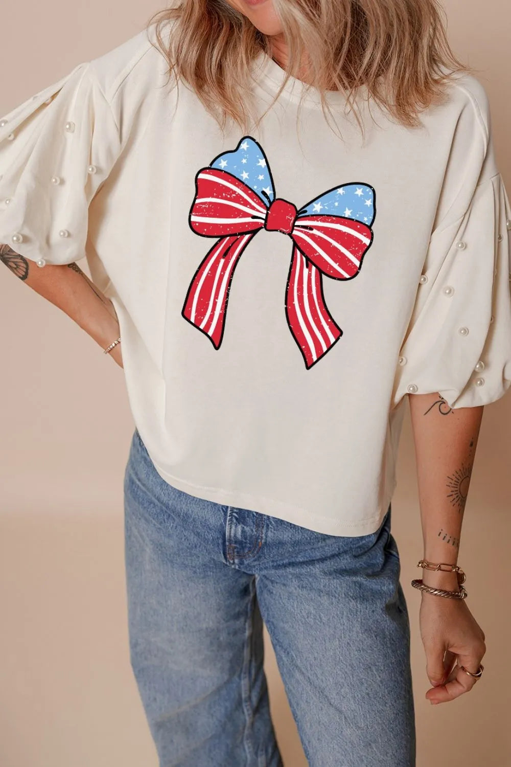 Bowknot Graphic Pearl Puff Half Sleeve T Shirt  DAME BOHEME