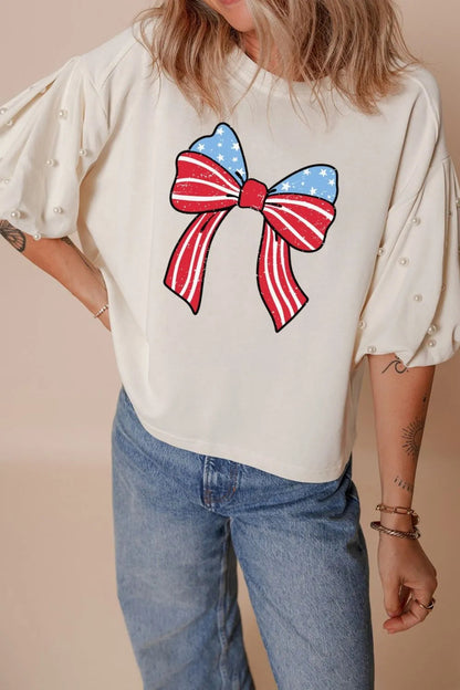 Bowknot Graphic Pearl Puff Half Sleeve T Shirt  DAME BOHEME