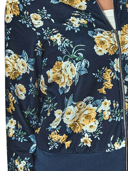 Women's Dark Florals Print Bomber Zip Jacket Annva USA