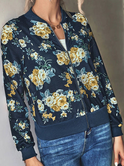 Women's Dark Florals Print Bomber Zip Jacket Annva USA