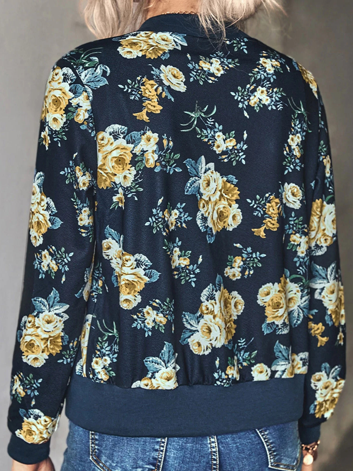 Women's Dark Florals Print Bomber Zip Jacket Annva USA