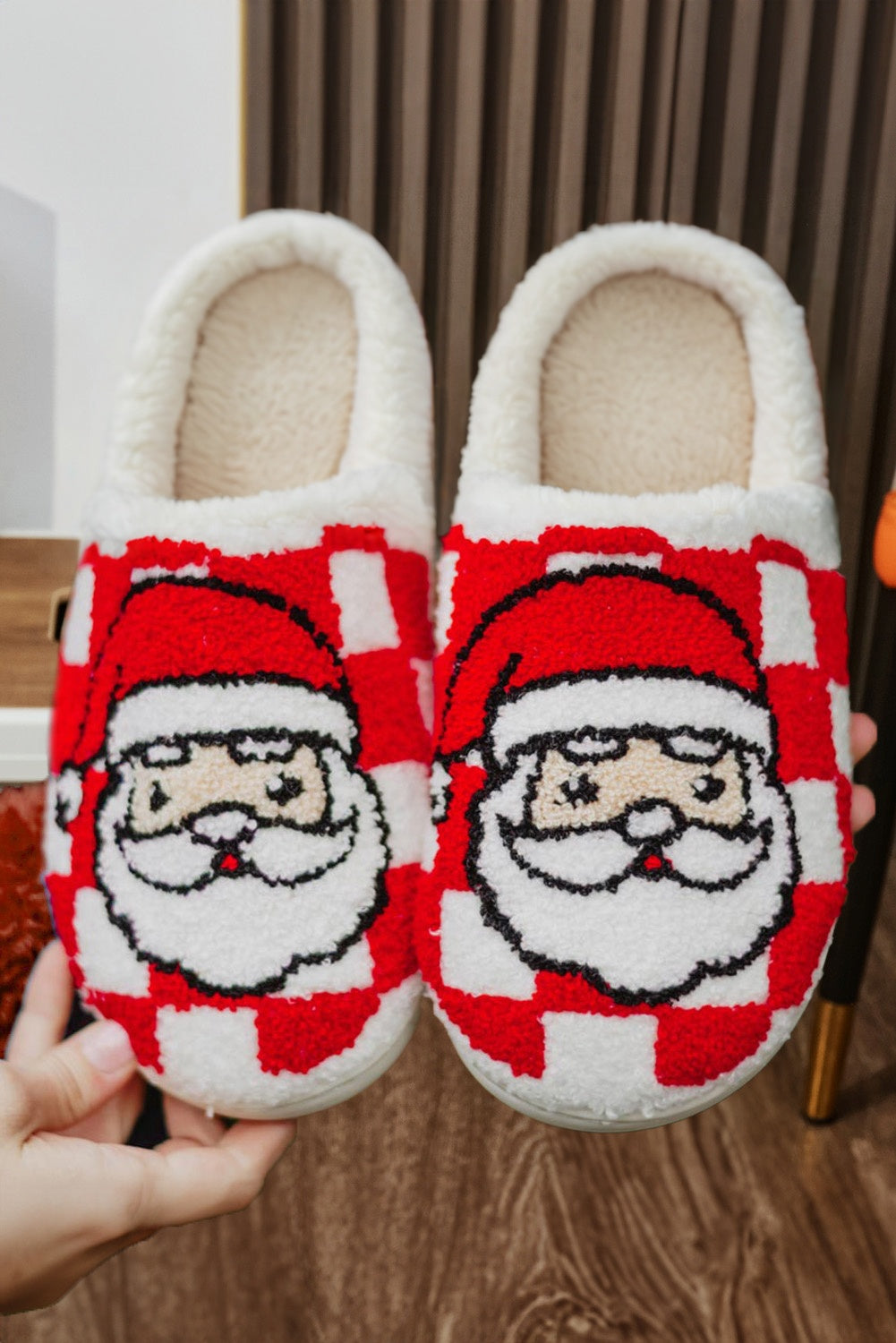 Fiery Red Checkered Santa Claus Graphic Plush Home Slippers  DAME BOHEME