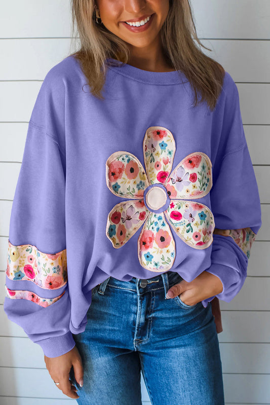 Wisteria Flower Applique Patchwork Drop Sleeve Pullover Sweatshirt  DAME BOHEME