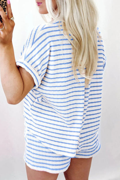 Stripe Knitted Short Sleeve Top and Drawstring Shorts Set  DAME BOHEME