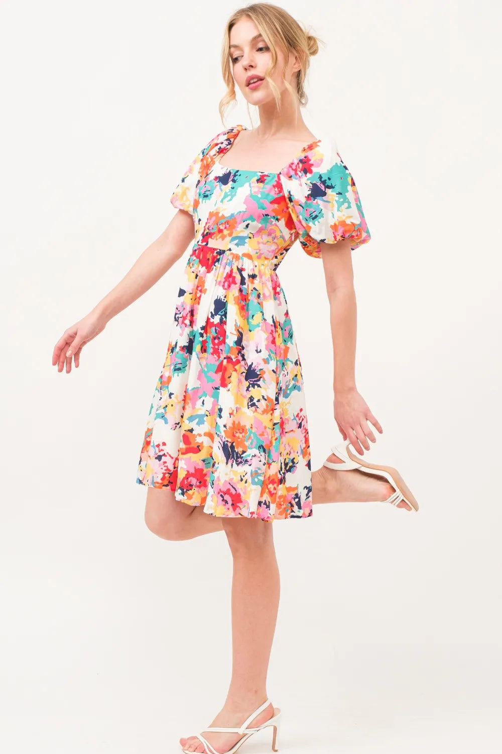 And The Why Square Neck Puff Sleeve Floral Dress  DAME BOHEME