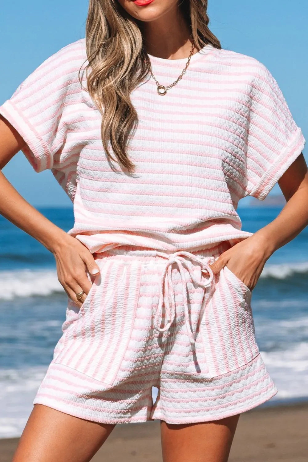 Stripe Knitted Short Sleeve Top and Drawstring Shorts Set  DAME BOHEME