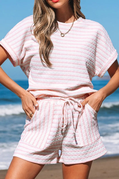 Stripe Knitted Short Sleeve Top and Drawstring Shorts Set  DAME BOHEME