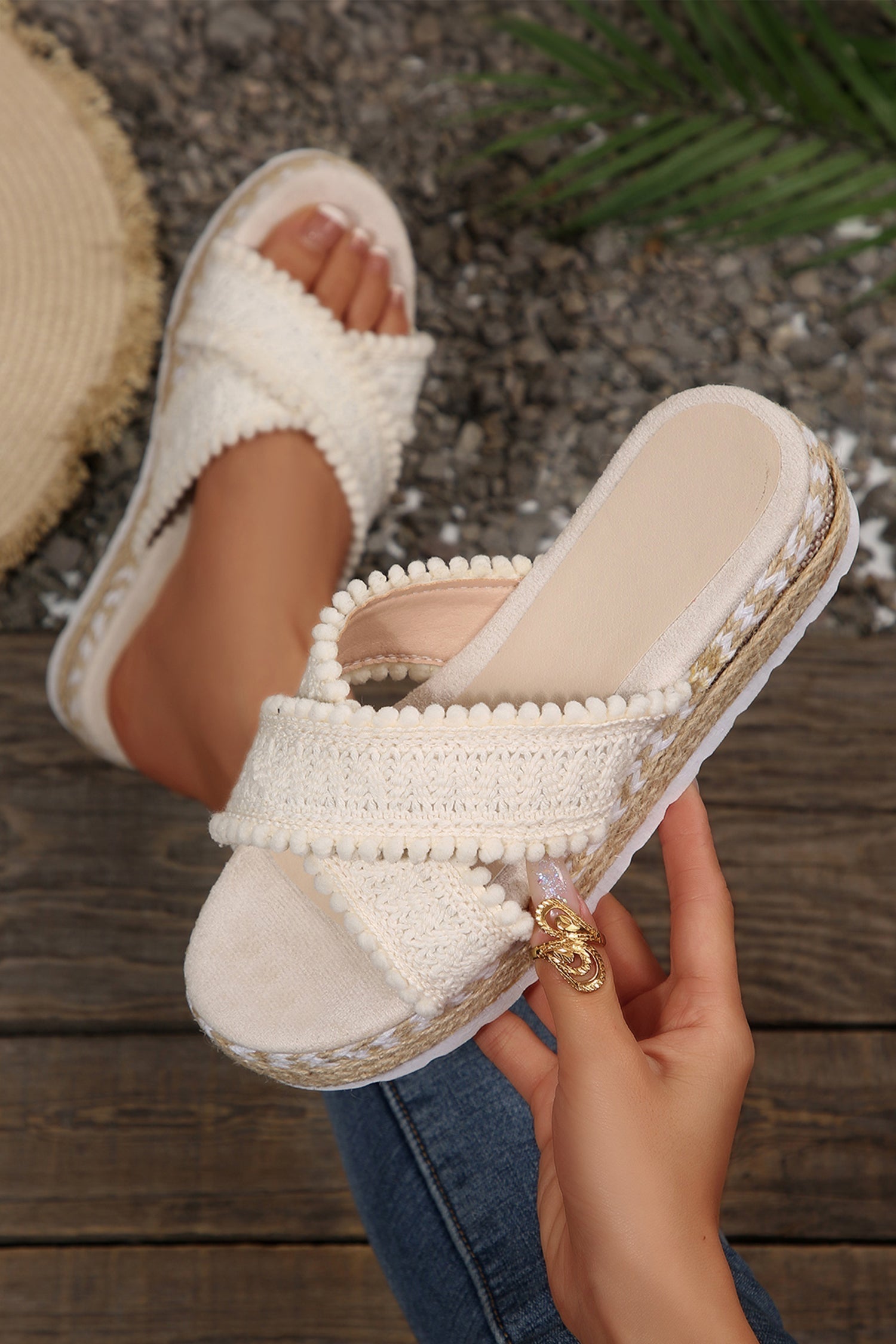 White Pompom Knit Platform Slide Slippers  DAME BOHEME
