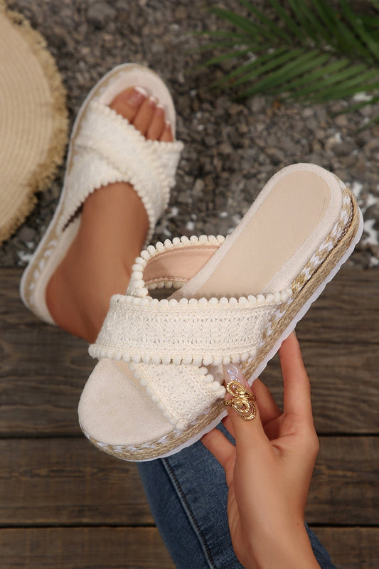 White Pompom Knit Platform Slide Slippers  DAME BOHEME