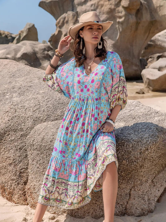 Boho Chic Printed Puff Sleeve Ruched Midi Dress Trendsi