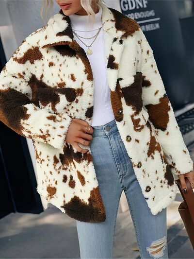 Cow Print Collared Neck Button Up  Jacket  DAME BOHEME