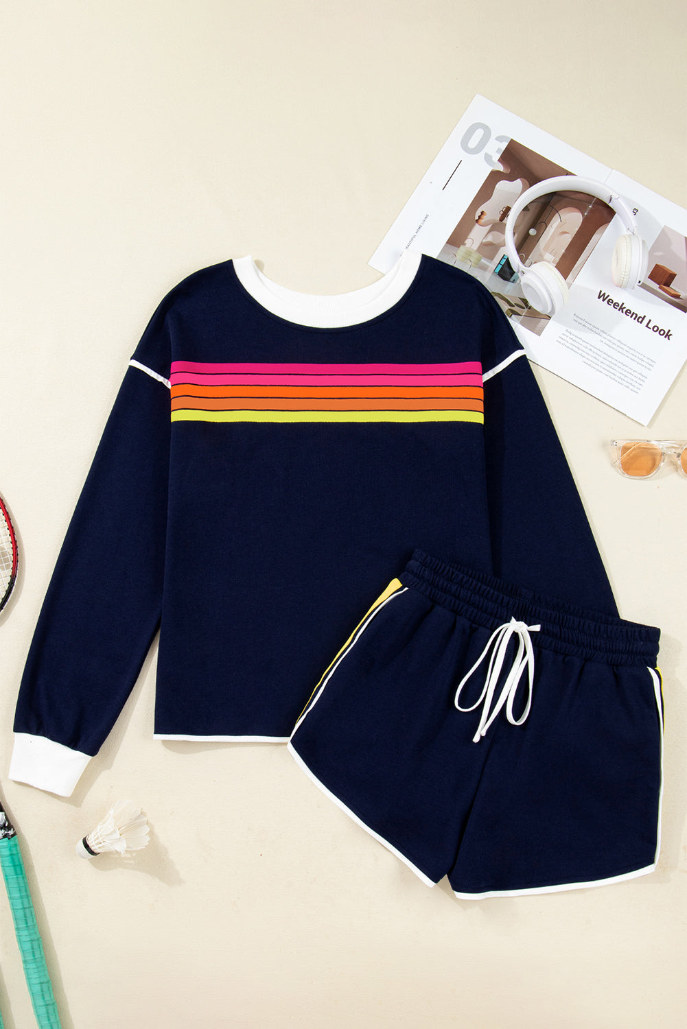 Bluing Colorful Striped Long Sleeve Pullover and Shorts Matching Set  DAME BOHEME