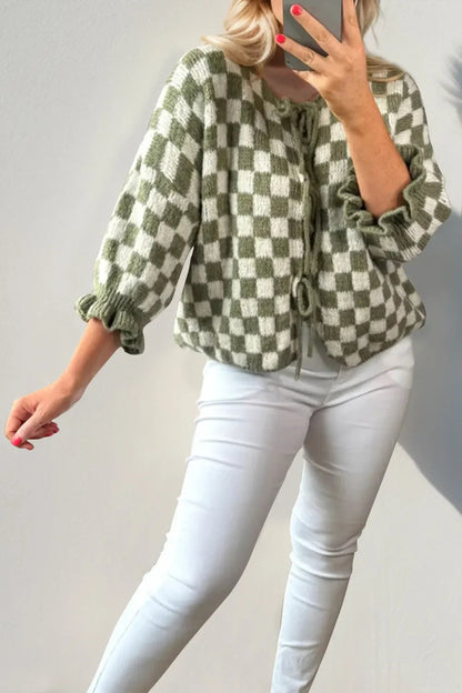 Double Take Tied Checkered Dropped Shoulder Flounce Sleeve Cardigan  DAME BOHEME